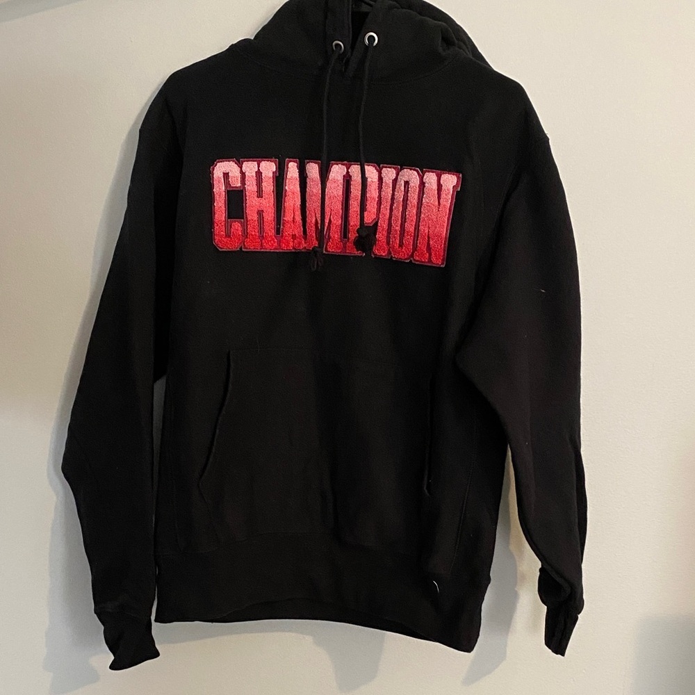 Champion Black Hoodie with Red Logo